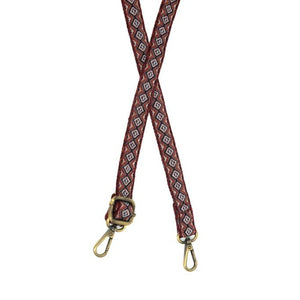 This beautiful 1" guitar strap is in rich colors of red/wine, creams, blues, and oranges in a zig-zag diamond pattern. The back of the strap is the same red/wine color as the front.  1" wide  35"-54" adjustable length  80% Polyester 20% Cotton  Brass Plated Hardware 