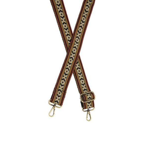 You'll love changing up the style of your purse with one of our guitar straps! This is one of our favorite combinations of red-orange, black, deep gold, and Olive stripes with an 