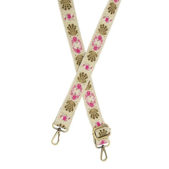You'll love changing up the style of your purse with one of our guitar straps! This off-white strap has all the bling to give you a summer vibe!  You'll catch all the attention with pink florals and seashells with gold metallic threads running through this jacquard strap!  35