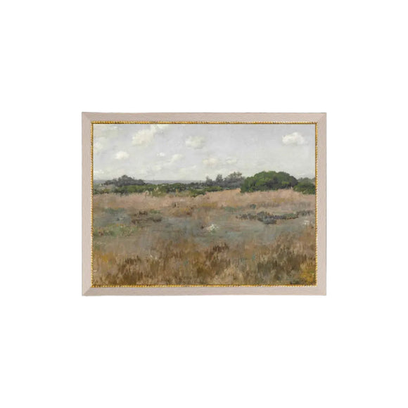 What a great landscape picture to add to your collection! It shows a meadow that looks out the the shore. We know that you'll find lots of places to put this little artwork! Printed on premium canvas fabric for a lasting, textured finish and has a handcrafted ornate frame that adds a classic charm.  Comes with a paper backing and hanging hardware for easy installation.

Made in the USA: Proudly crafted with quality and care. 

Care Instructions: Keep canvas dry to maintain its quality. If smu