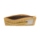 This slim and sleek wallet has nine credit card pockets, each with a snap tab for security and brass-plated hardware. It also has an ID window, zippered change pocket, and zippered billfold pocket in distressed mellow yellow vegan leather.


DIMENSIONS: 3.75 IN. H X 7.25 IN. W X .25 IN. D&nbsp;


100% Vegan leather (polyurethane)
