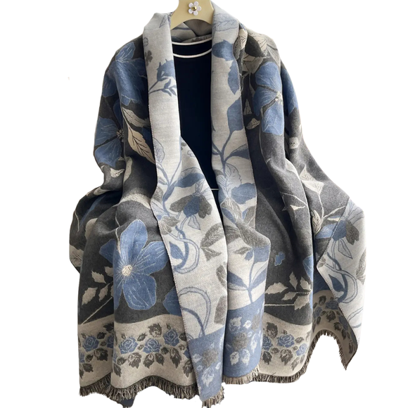 Blue/Gray Vintage Floral Reversible Wrap