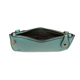 Our most popular bag, in a beautiful fresh aqua, this mini clutch, with its sleek silhouette, is as gorgeous as it is versatile.&nbsp; Features include a polished turn lock, six card slots, and an interior zipper for change.&nbsp; It can be styled in many ways, with removable straps for alternating between wallet, crossbody, and wristlet!

&nbsp;5"H x 9.5"W x 1"D

Removable and adjustable crossbody strap 13"-24"

Wristlet strap 7" long

interior zippered pocket

brass plated hardware

100% vegan leather (po