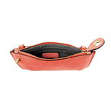 Our most popular bag, in a beautiful watermelon color, this mini clutch, with its sleek silhouette, is as gorgeous as it is versatile.&nbsp; Features include a polished turn lock, six card slots, and an interior zipper for change.&nbsp; It can be styled in many ways, with removable straps for alternating between wallet, crossbody, and wristlet!

&nbsp;5"H x 9.5"W x 1"D

Removable and adjustable crossbody strap 13"-24"

Wristlet strap 7" long

interior zippered pocket

brass plated hardware

100% vegan leath
