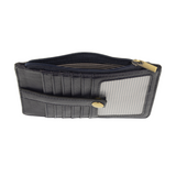 We love this mini wallet in a dusk blue colored vegan leather! It is full of style and will hold your license and up to six credit cards. The zipper pocket is roomy enough for your change and cash, and a pocket is on the back.&nbsp; This mini wallet is perfect for you, but it makes an awesome gift!

DIMENSIONS: 4 IN. H X 5.5 IN. W X .25 IN. D

ZIPPERED TOP CLOSURE ON EDGE

6 CREDIT CARD POCKETS

ID WINDOW POCKET

EXTERIOR PASSPORT POCKET

STRIPED LINING

BRASS PLATED HARDWARE

100% VEGAN LEATHER (POLYURETHA