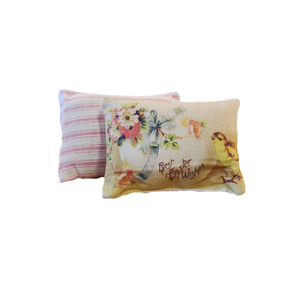 This adorable mini vintage postcard pillow has a chick standing beside an easter egg that says 