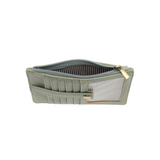 We love this mini wallet in a dusty sage vegan leather! It is full of style and will hold your license and up to six credit cards. The zipper pocket is roomy enough for your change and cash, and a pocket is on the back.&nbsp; This mini wallet is perfect for you, but it makes an awesome gift!

DIMENSIONS: 4 IN. H X 5.5 IN. W X .25 IN. D

ZIPPERED TOP CLOSURE ON EDGE

6 CREDIT CARD POCKETS

ID WINDOW POCKET

EXTERIOR PASSPORT POCKET

STRIPED LINING

BRASS PLATED HARDWARE

100% VEGAN LEATHER (POLYURETHANE)
