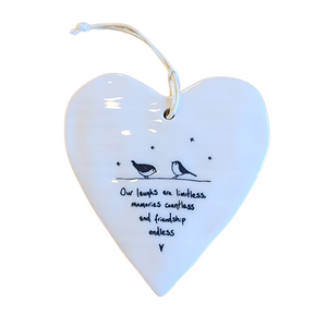 Our "Our laughs are limitless, memories countless and friendship endless" Porcelain Heart Ornament makes a heartfelt gift!

Approximately 3&nbsp;1/2"&nbsp;w x 4"&nbsp;h