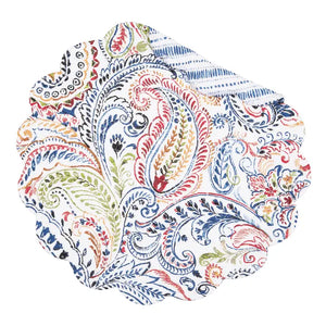 This quilted placemat brings happiness to your home&nbsp;with a vibrant paisley design in navy, gold, red and green on a white background. It reverses to a fun blue stripe and dot pattern on a white background. &nbsp;It will easily brighten any table. Finished with a scalloped edge, this tabletop collection is crafted of 100% cotton and hand-guided machine quilting.

Machine wash cold and tumble dry low for easy care.

17"L x 17" W x 0.3" H