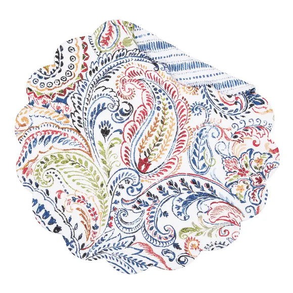 This quilted placemat brings happiness to your home with a vibrant paisley design in navy, gold, red and green on a white background. It reverses to a fun blue stripe and dot pattern on a white background.  It will easily brighten any table. Finished with a scalloped edge, this tabletop collection is crafted of 100% cotton and hand-guided machine quilting.

Machine wash cold and tumble dry low for easy care.

17