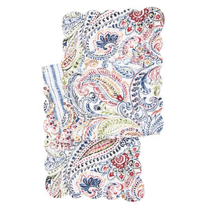 This beautiful quilted runner will bring happiness to your home with a vibrant paisley design in navy, gold, red and green on a white background. It reverses to a fun blue stripe and dot pattern on a white background. It will easily brighten any table. Finished with a scalloped edge, this tabletop collection is crafted of 100% cotton and hand-guided machine quilting.

Machine wash cold and tumble dry low for easy care.

14" l x 51" w x 0.5" h