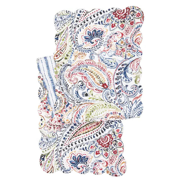 This beautiful quilted runner will bring happiness to your home with a vibrant paisley design in navy, gold, red and green on a white background. It reverses to a fun blue stripe and dot pattern on a white background. It will easily brighten any table. Finished with a scalloped edge, this tabletop collection is crafted of 100% cotton and hand-guided machine quilting.

Machine wash cold and tumble dry low for easy care.

14