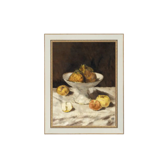 A beautiful still life with golden pears in a white compote on a white tablecloth is printed on premium canvas fabric for a lasting, textured finish. The 7 x 9 measurement reflects the outside dimensions of the frame. The handcrafted ornate frame adds classic charm. It comes with a paper backing and hanging hardware for easy installation. The glass free design keeps the artwork lightweight and true to its original texture.

Made in the USA: Proudly crafted with quality and care. 

Care Instructions: Ke