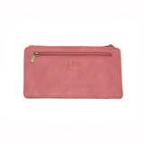 This slim and sleek wallet has nine credit card pockets, each with a snap tab for security and brass-plated hardware. It also has an ID window, zippered change pocket, and zippered billfold pocket in distressed pink punch vegan leather.


DIMENSIONS: 3.75 IN. H X 7.25 IN. W X .25 IN. D&nbsp;


100% Vegan leather (polyurethane)