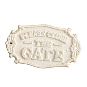 This little cream painted "Please close the gate" iron sign is the perfect touch to add to your garden shed, gate, or post! 

4" H x 7.5" W

Iron