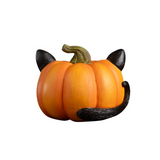 Bring some feline fun to your Halloween decor with our delightful Pumpkin Cat Luminary! This playful piece features cut-out eyes and an 'O' shaped mouth, ready to glow when you place a battery-operated light inside through the bottom opening. Topped with cute cat ears, it also has painted whiskers and a curled tail wrapping around the side, giving it extra character. This adorable pumpkin cat is the perfect blend of spooky and sweet, making it an eye-catching addition to your seasonal display. It will add a