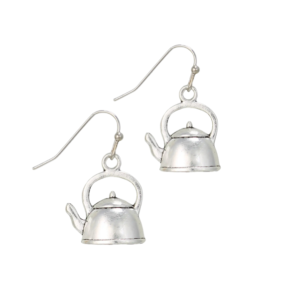 Put the kettle on to warm up your fashion! These adorable earrings feature mini silver tea kettles that exude charm and elegance. The dainty design and antiqued silver make them versatile accessories for any occasion. Wear these delightful earrings and let your love for tea and style shine.  Made in China. 

Measures: 1 1/8 x 5/8
