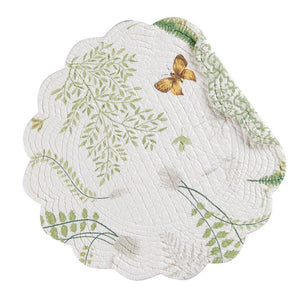 We love this botanical print with whimsical butterflies, dragonflies, and fresh greenery in a soothing colorway of fern green, gold, and beige that will bring you back to nature in the comfort of your own home. Reverses to a simple fern green damask on a cream pattern for additional styling options. Crafted of cotton and machine washable for easy care. Finished with a scalloped edge, this placemat is crafted of 100% cotton and hand-guided machine quilting.