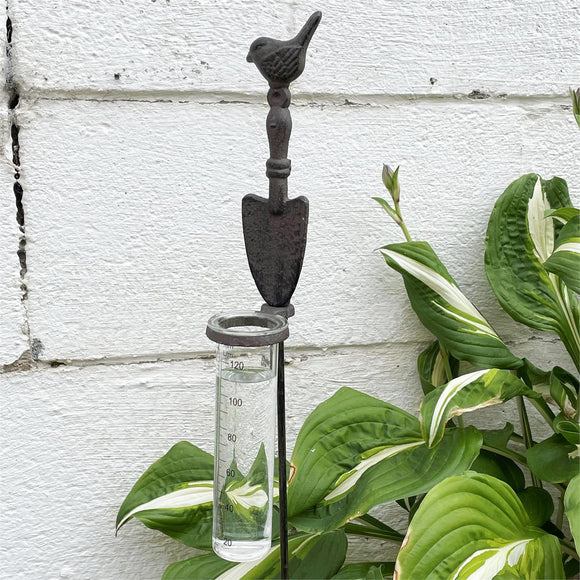 Bring a little charm to your yard or your garden with this iron rain gauge with a bird sitting on top of a garden shovel's handle!

26.5