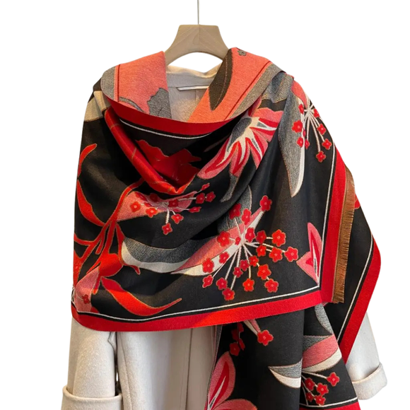 This one size fits all reversible wrap, drapes over and accents any outfit, casual or dressy. It feels and looks like cashmere. A beautiful layering piece!

55% Poly, 45% Viscose.

Dry clean or hand wash cold with light colors, lay flat to dry, iron on lowest setting if need, do not bleach.