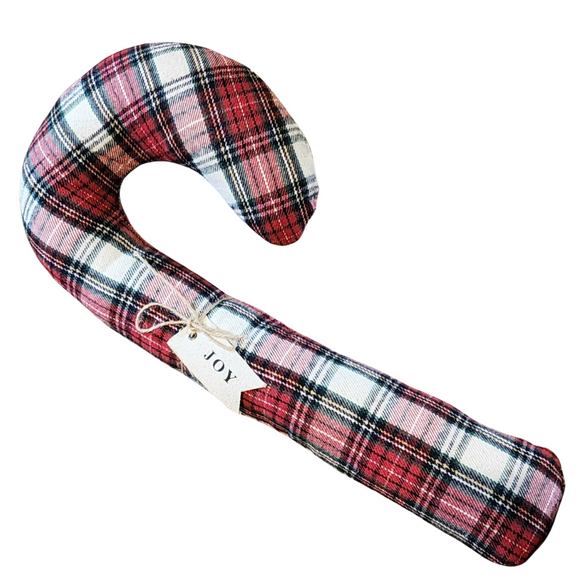 We are loving these large candy cane pillows this year! This one is made from a red, cream, and green plaid flannel fabric. It has a cloth tag that says 