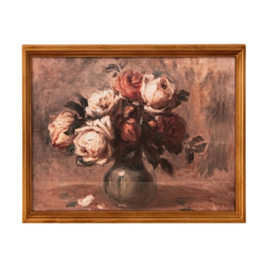 This beautiful still life botanical features a vase of beautiful roses. It has an antiqued gold frame that will look great by itself or mixed in with other wall art!

11" H x 15" W