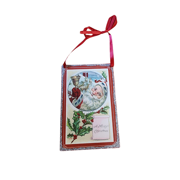Bring a little nostalgia to your holiday decor this year with this rectangle shaped vintage ornament that has Santa ringing a bell and a message on the bottom that says 