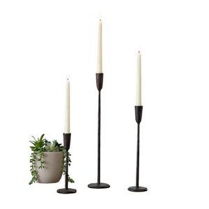 These black iron candle holders are sure to make a statement on your table, fireplace mantle or buffet!

Iron, Candles Not Included

Large 16" H x 3" Dia,

Medium: 12" H x 2.5" Dia,

Small: 8" H x 2.5" Dia