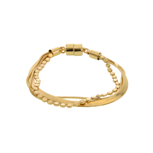 Four different chains all attached to each other for a great stacking bracelet look! There is a round dot chain, two small box chains and then a herringbone chain. Not only is it good looking, but you will love the ease of putting a magnetic bracelet on!

7.5