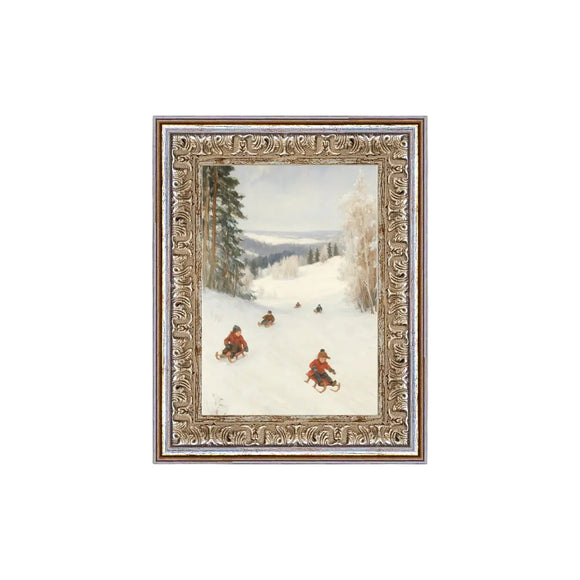 Five children are swooshing down the hill in this fun little piece of art! It is a lovely piece of art to add to your gallery wall, or as a little accent on your table or shelf. This artwork is printed on high-quality canvas and elegantly presented in a handcrafted ornate frame.

Made in the USA: Proudly crafted with quality and care. 

Care Instructions: Keep canvas dry to maintain its quality. If smudged or dirty, gently wipe with a dry, soft cloth.