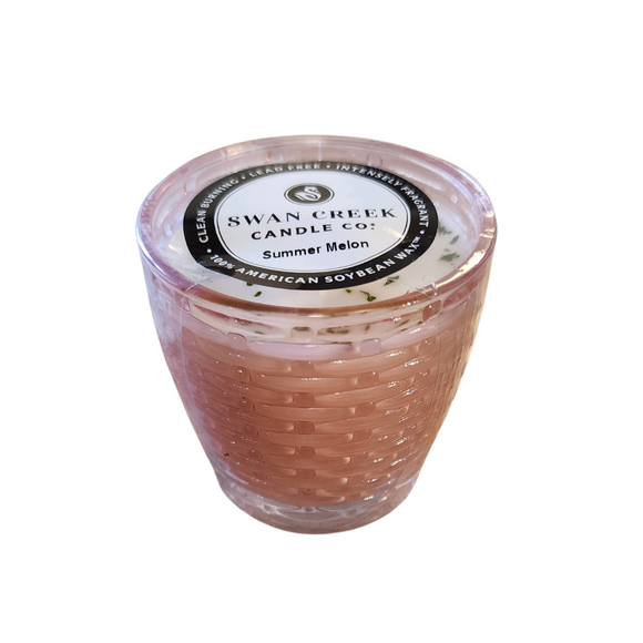 You'll love our cathedral small vase candle. This summer melon candle has been poured into a pretty basketweave pink glass.

Honeydew and watermelon both come together to create this refreshing summery fragrance!

Filled with 4.5 oz. of American Soybean WaxTM. Measures 3