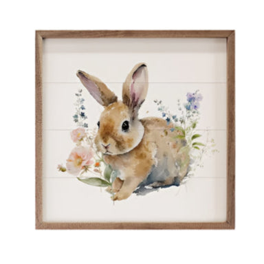 Get ready for Spring with this beautiful mini sign!  On a whitewashed wooden background is a sweet watercolor brown bunny sitting amongst pink and purple flowers.

This unique piece is a simple way to bring beauty and charm to any wall or shelf within the home. It is made from high-quality American hardwood planks with a hand-painted face, printed with UV-cured ink, and is framed in a natural walnut frame. Each piece is unique with its own personality, marks, wood grain, and look. Easy to clean with a 