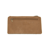 This slim and sleek wallet has nine credit card pockets, each with a snap tab for security and brass-plated hardware. It also has an ID window, zippered change pocket, and zippered billfold pocket in distressed tan vegan leather.


DIMENSIONS: 3.75 IN. H X 7.25 IN. W X .25 IN. D&nbsp;


100% Vegan leather (polyurethane)