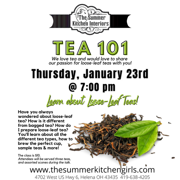 Have you always wondered about loose-leaf tea? How is it different from bagged tea? How do I prepare loose-leaf tea? Attend our in-person class at The Summer Kitchen in Helena, OH. You'll learn about all the different tea types, how to brew the perfect cup, sample teas & more!

Attendees will be served three teas (black, green and white) and assorted scones.