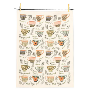 Let your tea-brewing imagination soar with the help of this artful tea garden tea towel. Crafted out of cotton, this ivory towel features a uniquely painted array of various tea leaves and teacups for an inspiring complement to your kitchen cleaning and decor.

20" W x 28" L