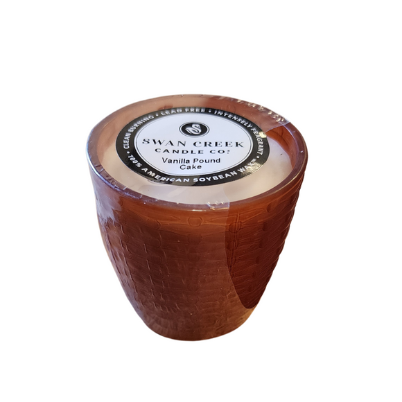 You'll love our cathedral small vase candle. This vanilla pound cake candle has been poured into a pretty basketweave frosted brown glass.

One of our year-round best sellers, a pure pound cake, with rich vanilla, and a soft baked tone will have you running to the oven!

Filled with 4.5 oz. of American Soybean WaxTM. Measures 3