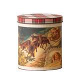 We love using tins to add height to our Christmas displays! This small tin has vintage Santa postcards around it with a darling plaid lid.

7.75" H x 6.5" Dia

Metal