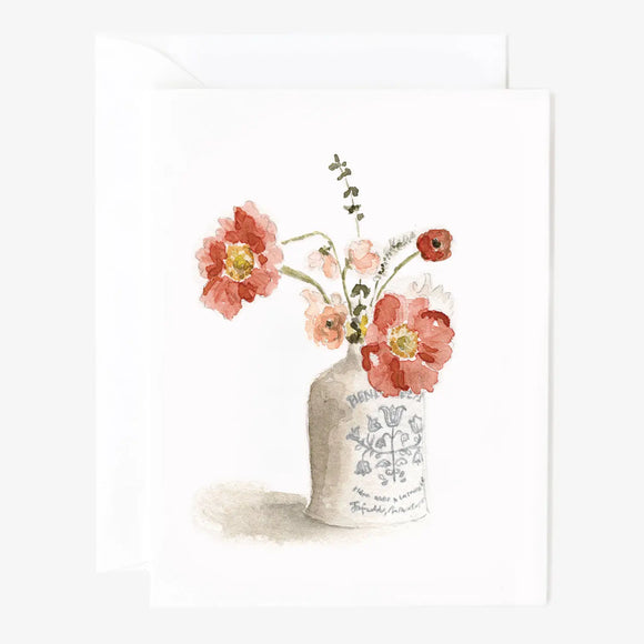 Send sweet greetings to your loved ones with these lovely vintage bouquet notecards! Blank on the inside for your own message, and a charming watercolor illustration of a pink bouquet in a blue & white vase on the front. They bring a touch of cheer to your thank you notes, get well wishes, and more. 

Set of eight folded cards + envelopes - blank inside - 5.5