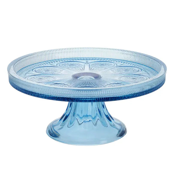 This pretty blue glass cake stand is a nod to times gone by! It's a beautifully crafted stand with an intricate raised pattern that adds a touch of sophistication to any table setting. 

8.25