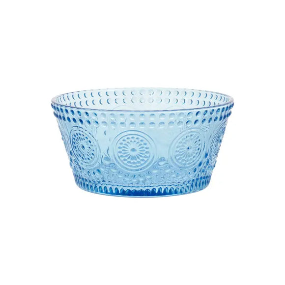This pretty sky blue glass bowl is a nod to times gone by! It's a beautifully crafted bowl with an intricate raised pattern that adds a touch of sophistication to any table setting. 

 4.75