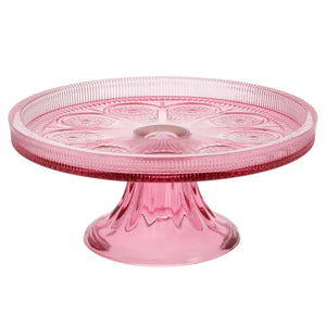 This pretty pink glass cake stand is a nod to times gone by! It's a beautifully crafted stand with an intricate raised pattern that adds a touch of sophistication to any table setting.&nbsp;

8.25" Dia x 3.5" H

Hand wash only, not dishwasher safe, not microwave safe.