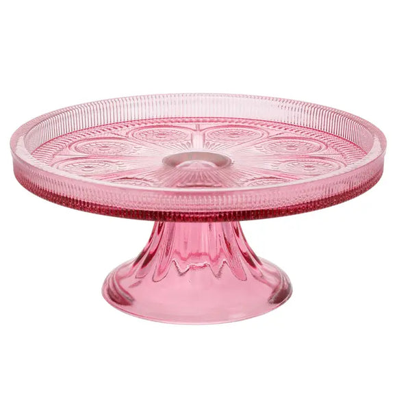 This pretty pink glass cake stand is a nod to times gone by! It's a beautifully crafted stand with an intricate raised pattern that adds a touch of sophistication to any table setting. 

8.25