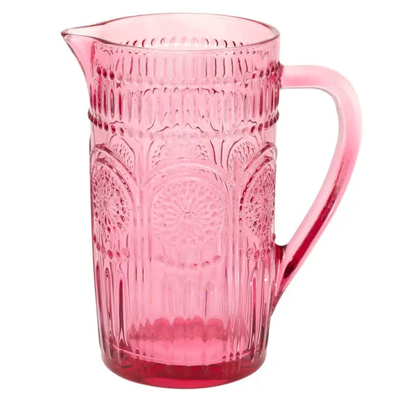 This pretty pink glass pitcher is a nod to times gone by! It's a beautifully crafted pitcher with an intricate raised pattern that adds a touch of sophistication to any table setting. 

7