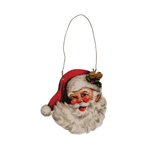 Add jolly, classic flair to the Christmas tree this season with the Vintage Santa Face Wooden Ornament. This wooden ornament features an old-fashioned Santa face with bushy white beard, rosy cheeks and traditional fur-trimmed red hat. Holly leaves with berries accent the hat. The ornament is topped with a wire hanger with two rusty jingle bell accents.

3.5