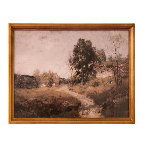 This beautiful vintage landscape features a lane going back to a house. It has an antiqued gold frame that will look great by itself or mixed in with other wall art!

12