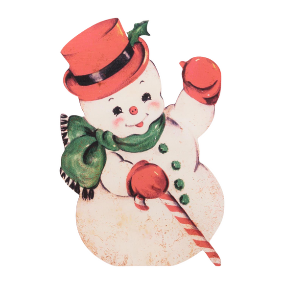 This adorable vintage snowman sign will welcome you into the holiday season in style!  With a red hat and gloves, green scarf and buttons, Mr. Snowman has a candy cane in one hand and waving to you with the other.

18