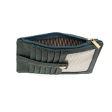 We love this mini wallet in a rich deep teal vegan leather! It is full of style and will hold your license and up to six credit cards. The zipper pocket is roomy enough for your change and cash, and a pocket is on the back.&nbsp; This mini wallet is perfect for you, but it makes an awesome gift!

DIMENSIONS: 4 IN. H X 5.5 IN. W X .25 IN. D

ZIPPERED TOP CLOSURE ON EDGE

6 CREDIT CARD POCKETS

ID WINDOW POCKET

EXTERIOR PASSPORT POCKET

STRIPED LINING

BRASS PLATED HARDWARE

100% VEGAN LEATHER (POLYURETHANE)