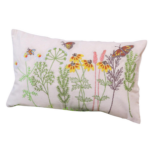 Add a touch of whimsey to your home with this beautiful embroidered wildflower pillow in shades of yellows, pinks, purples, orange and greens. It has two butterflies and one bee buzzing around the flowers for extra cuteness!

12" H x 20" W

Cotton &amp; Polyester
