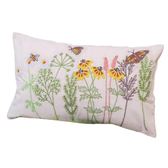 Add a touch of whimsey to your home with this beautiful embroidered wildflower pillow in shades of yellows, pinks, purples, orange and greens. It has two butterflies and one bee buzzing around the flowers for extra cuteness!

12