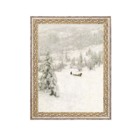 We are obsessed with these works of art! This beautiful scene is a snowy winter wonderland with a man following a horse carrying a load of wood in the distance. It is a lovely piece of art to add to your gallery wall, or as a little accent on your table or shelf. This artwork is printed on high-quality canvas and elegantly presented in a handcrafted ornate frame.

Made in the USA: Proudly crafted with quality and care. 

Care Instructions: Keep canvas dry to maintain its quality. If smudged or dirty, g